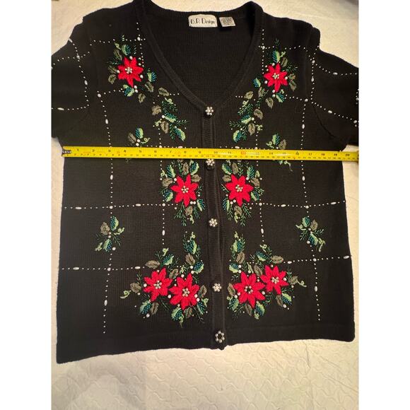 VTG Beaded Christmas Cardigan Sweater Womens Medium Sequins Poinsettia Holly - Picture 5 of 13